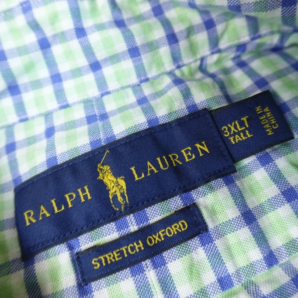 Ralph Lauren Shirt Mens 3XLT Green Blue Plaid OCBD Oxford Button Up Flesh Pony
